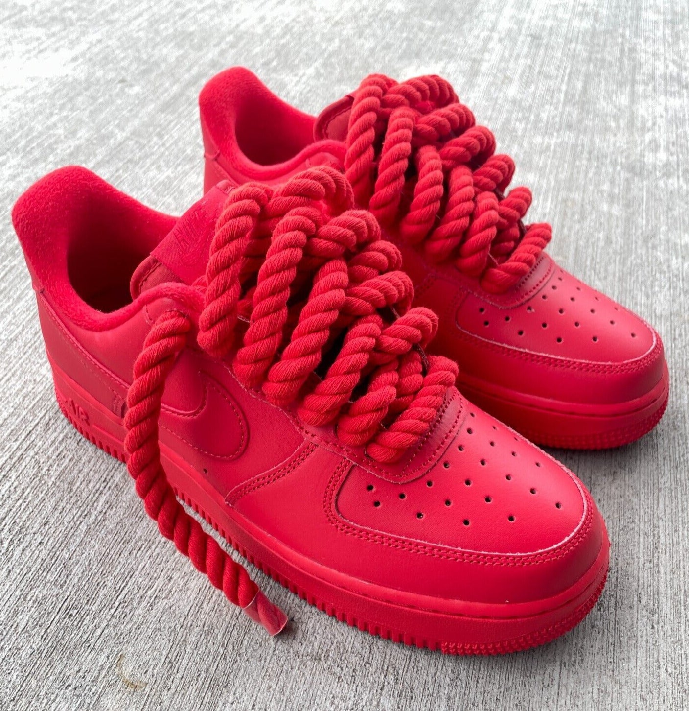 All Red Nike Air Force 1 Custom with Chunky Rope Laces AF1 and Hangtag