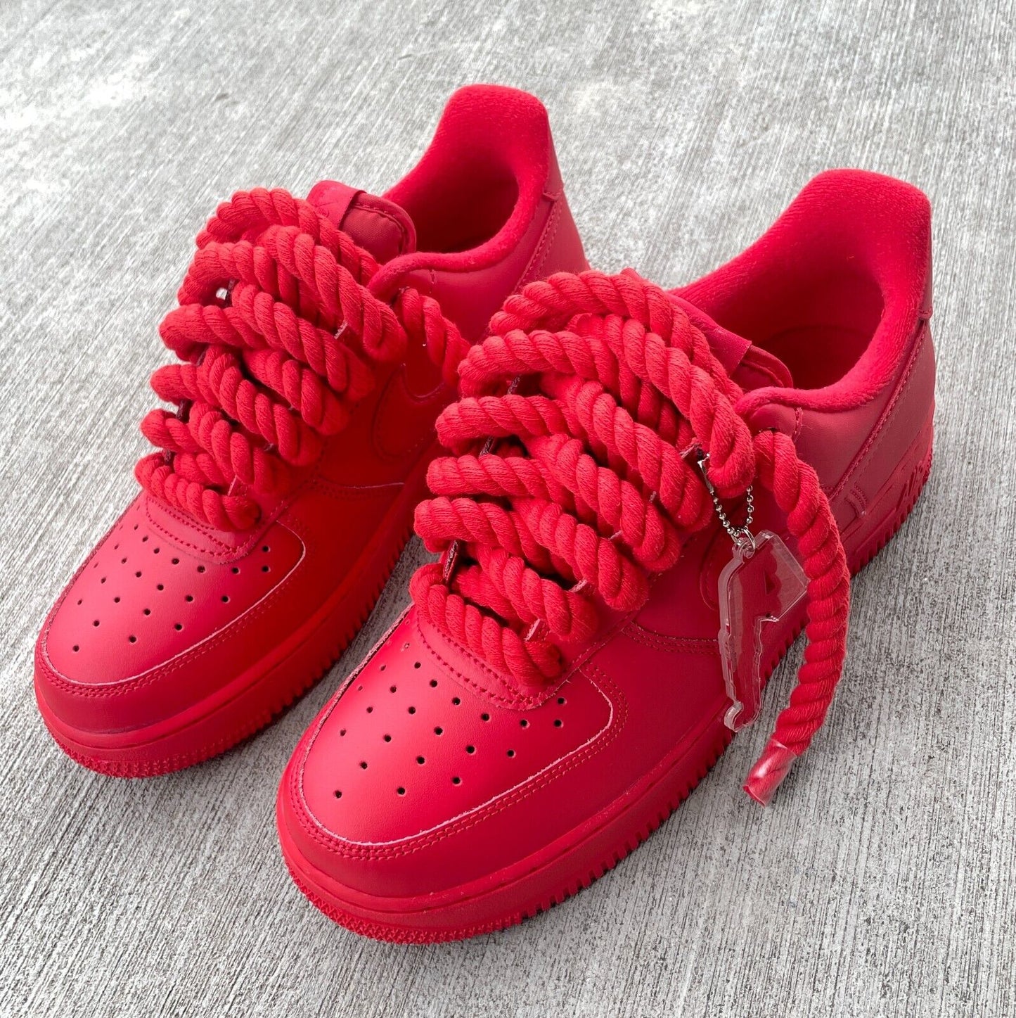 All Red Nike Air Force 1 Custom with Chunky Rope Laces AF1 and Hangtag